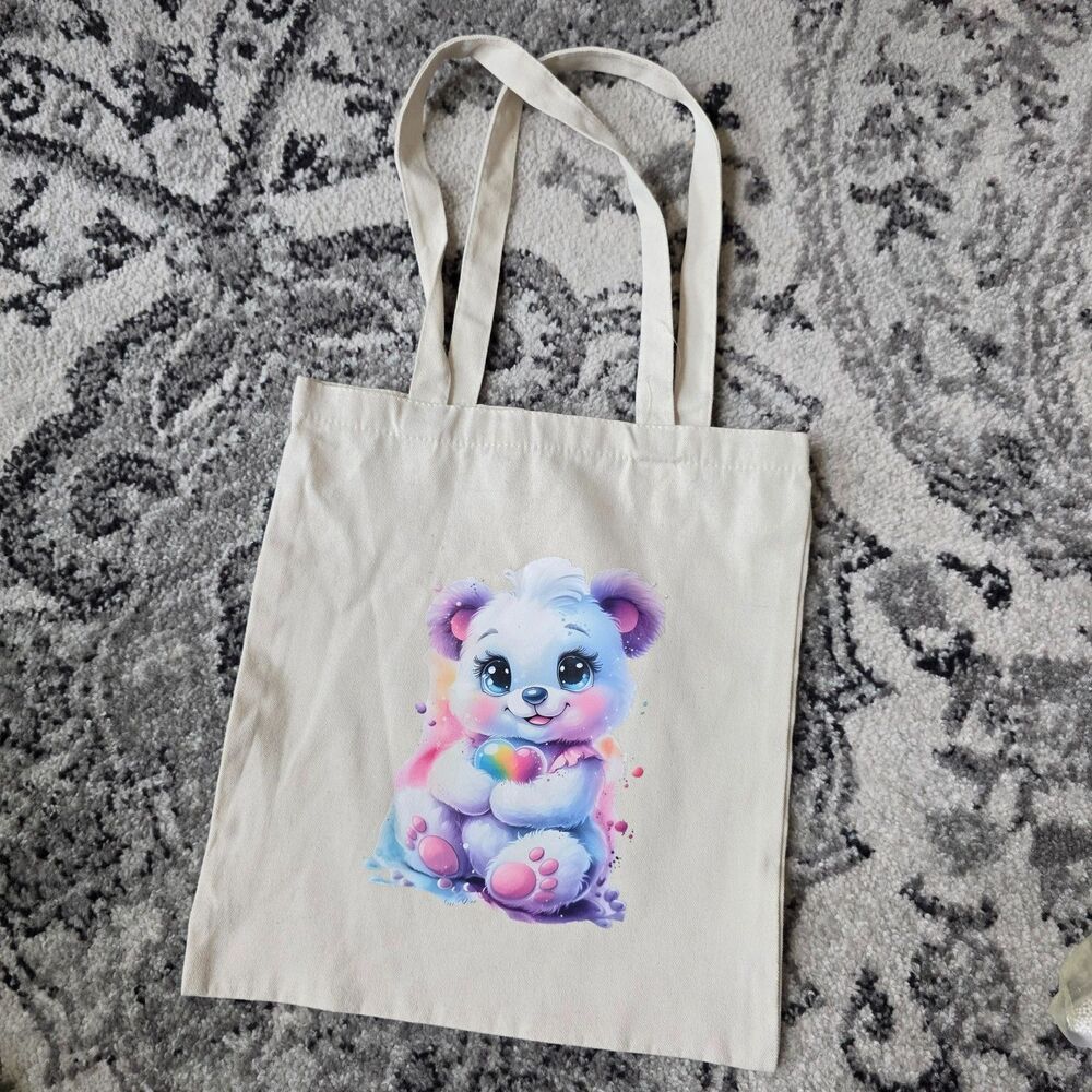 Canvas Tote Bag Pastel Teddy Bear Print Reusable Shopping Eco Friendly Travel